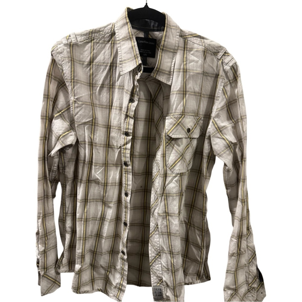 Calvin Klein Jeans Shirt Mens Size Large White Check Collared Button Down
